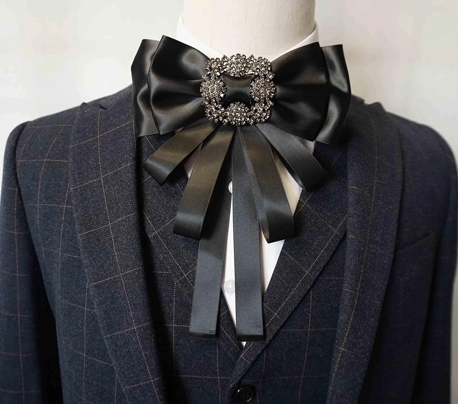 Rhinestore Crystal Dangle Wedding Party Bow Tie Women/Men Ribbon Pre Tied Neck Tie Adustable Brooch Pin Clip