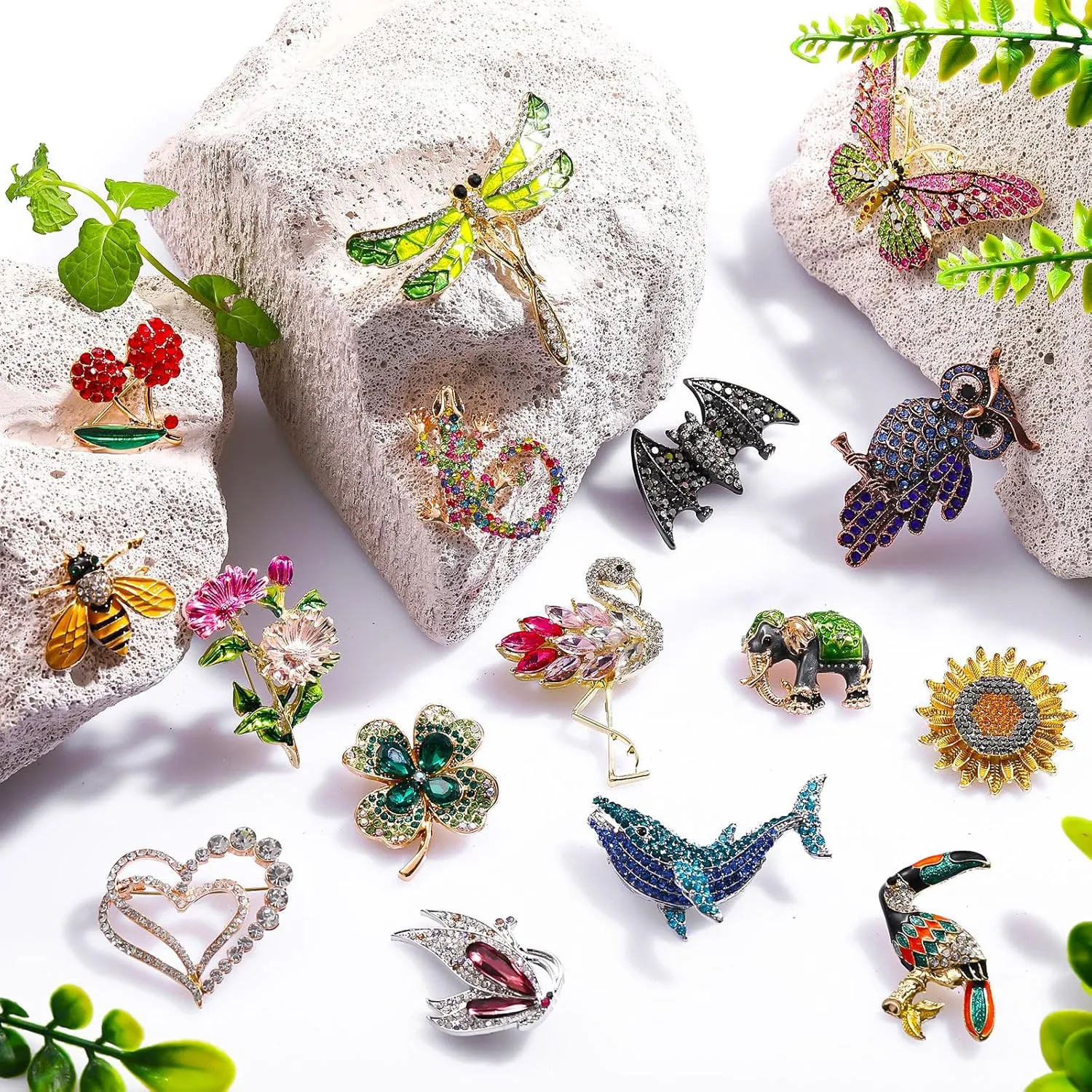 Sasylvia 16 Pcs Women Brooch Set Rhinestone Vintage Animal Insect Plant Pins Brooches Bulk for Women Girls Mother's Day Gifts