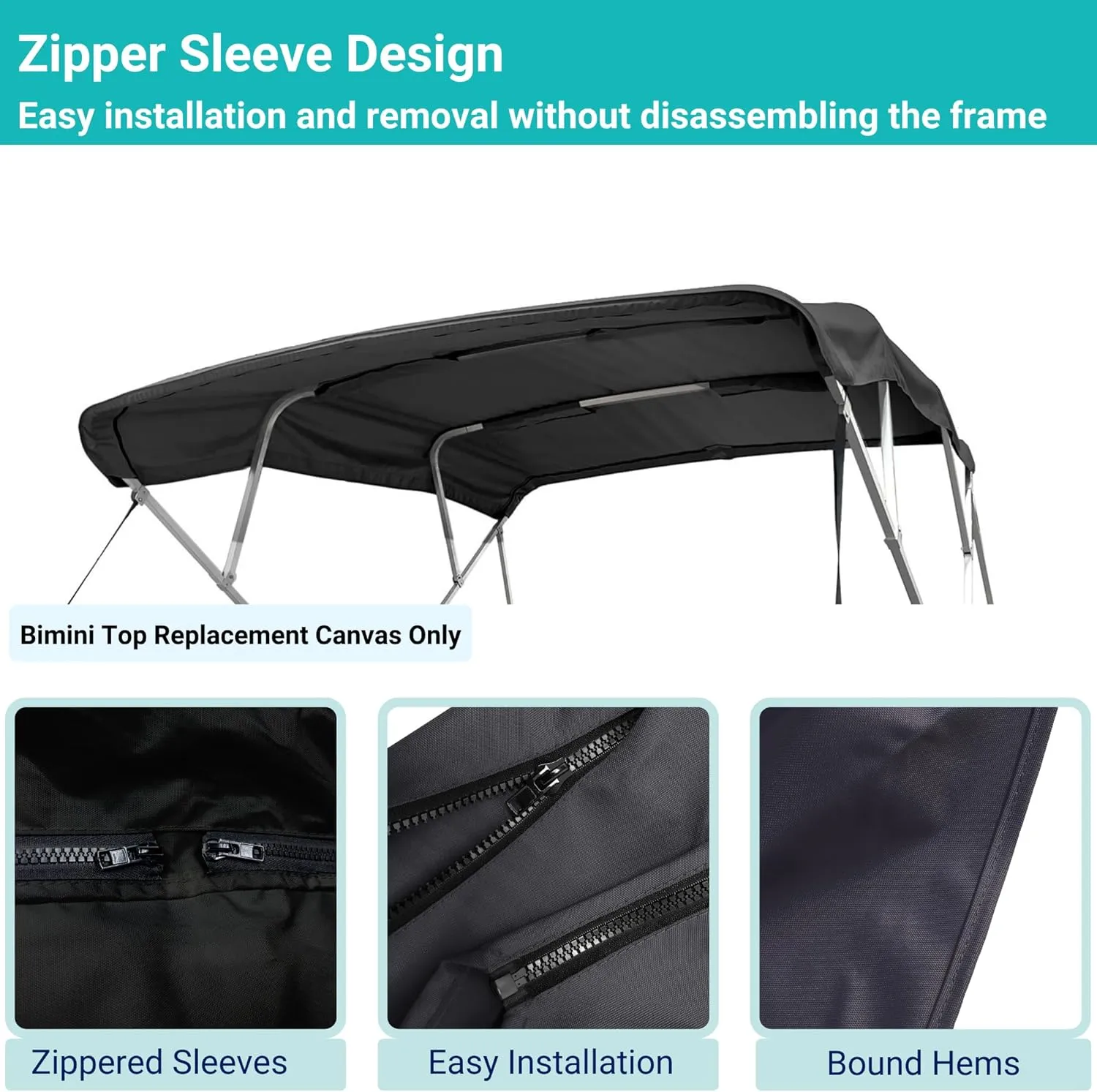 SavvyCraft 4 Bow Bimini Top Replacement Cover 10 Feet Long, Durable Marine Grade Canvas Sun Shade Boat Canopy, Easy Install Zipper Sleeves, 4 Bow 120 inches Long, 91-96 inches Wide, Black Color