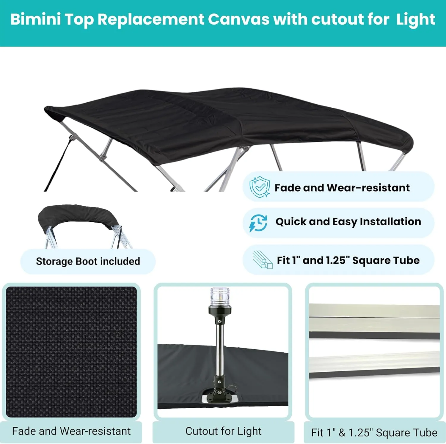 SavvyCraft 4 Bow Bimini Top Replacement Cover 10 Feet Long, Durable Marine Grade Canvas Sun Shade Boat Canopy, Easy Install Zipper Sleeves, 4 Bow 120 inches Long, 91-96 inches Wide, Black Color