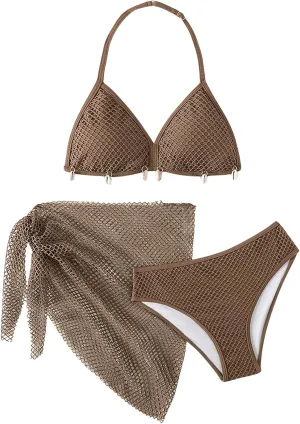 SHENHE Girl's 3 Piece Swimsuit with Fishnet Cover Up Halter Neck Shell Bikini Bathing Suit