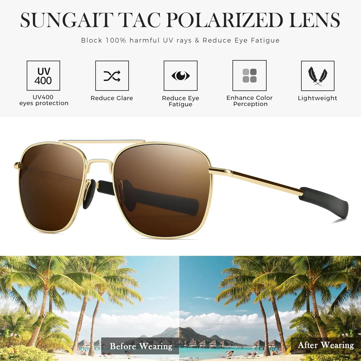SUNGAIT Men's Military Style Polarized Pilot Aviator Sunglasses Bayonet Temples