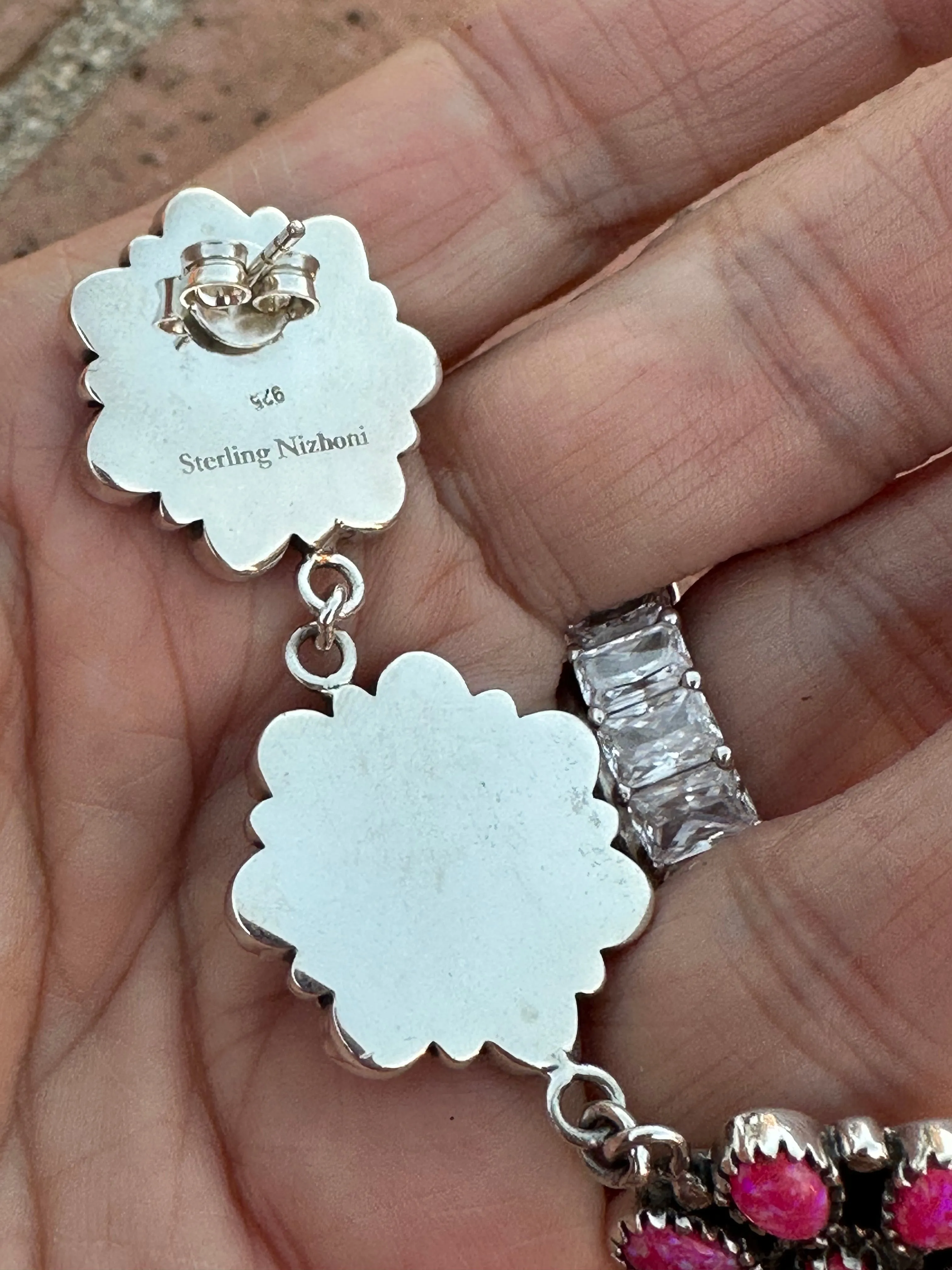 “The Barbie Collection” Handmade Pink Opal & Sterling Silver Cluster Flower Dangle Earrings