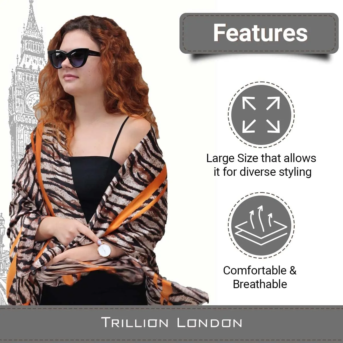 Trillion London Silk Scarf | Long Neck Scarf for Women | Ladies Lightweight Scarves | Shawl Wraps | Suitable for Daily Life