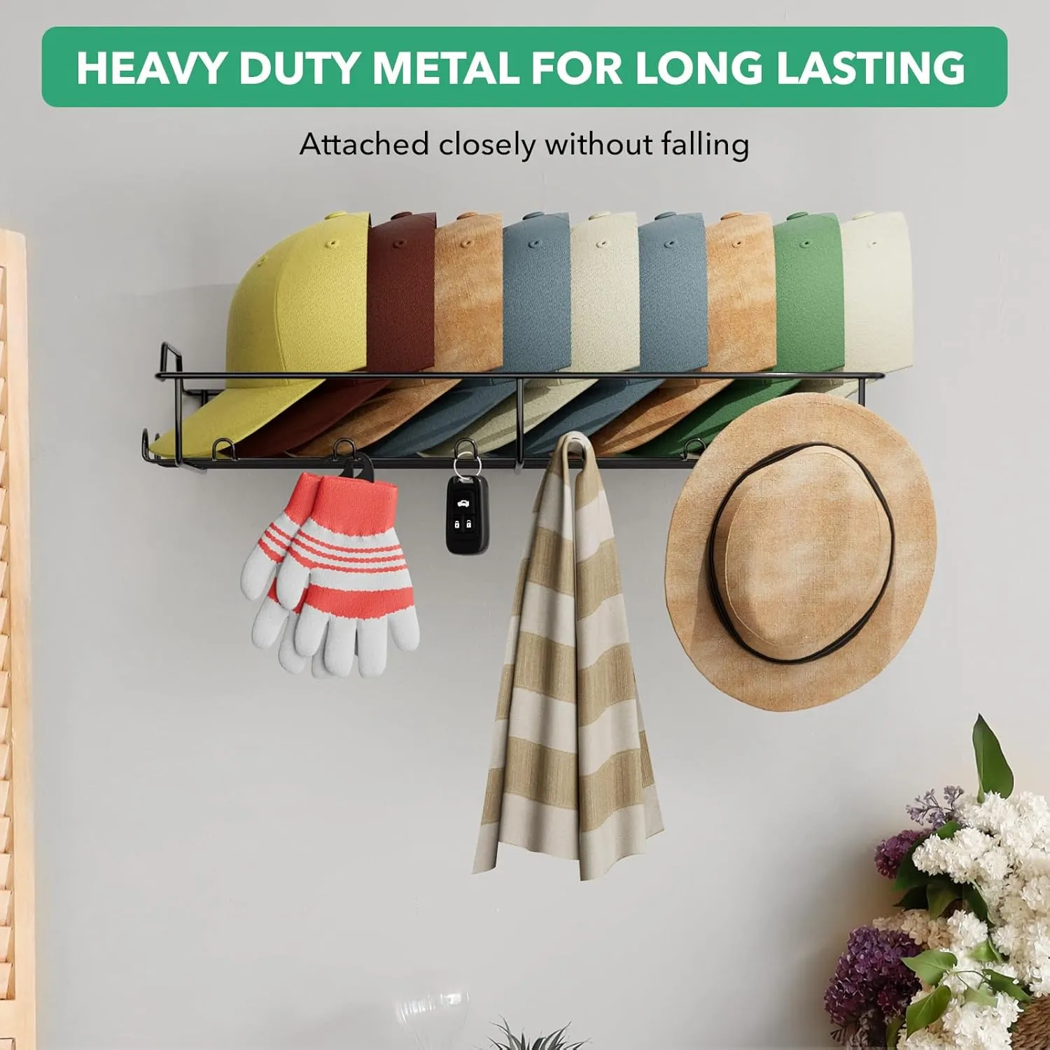 Wall Hat Racks for Baseball Caps, Each Metal Hat Organizer Fit 20 Caps, 3 Packs Sturdy Wall Mounted Hat Rack for Room Closet Display, Black