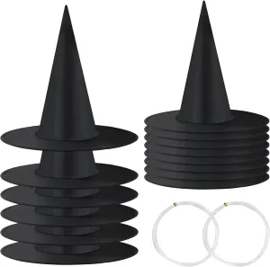 Witch Hat, 14 Pack Halloween Hanging Witch Hats with 200 Feet Hanging Rope, Witch Costume Accessory for Halloween Party Yard Decoration and Carnivals - Black