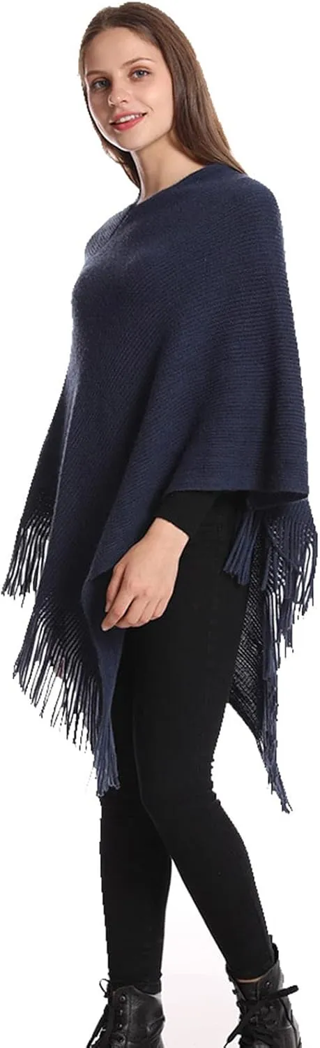 Womens Poncho Sweater V Neck Knitted Pullover Shawls Wraps Capes with Fringes Gifts for Women Mom