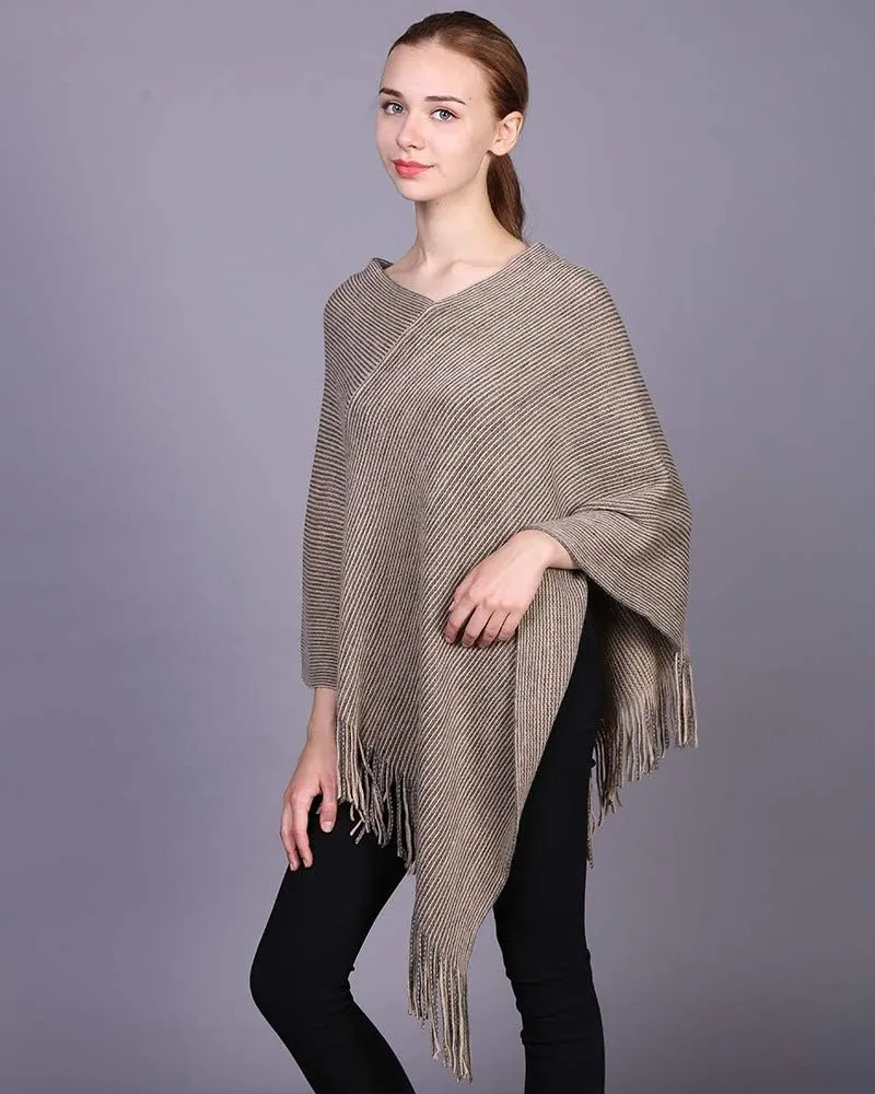 Womens Poncho Sweater V Neck Knitted Pullover Shawls Wraps Capes with Fringes Gifts for Women Mom