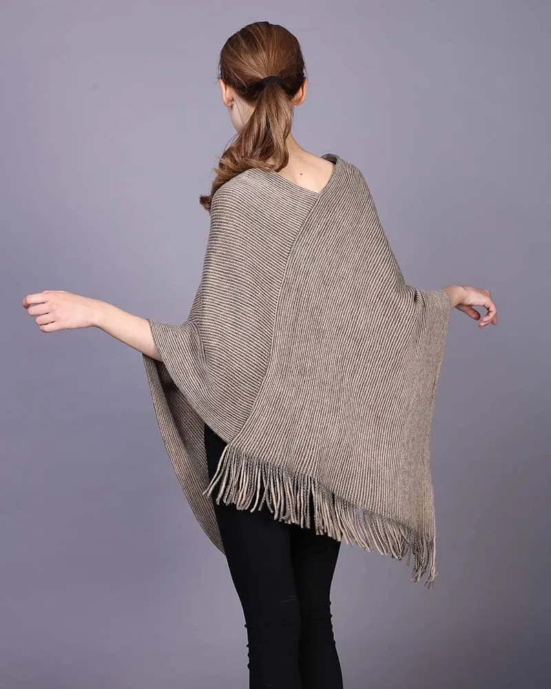 Womens Poncho Sweater V Neck Knitted Pullover Shawls Wraps Capes with Fringes Gifts for Women Mom
