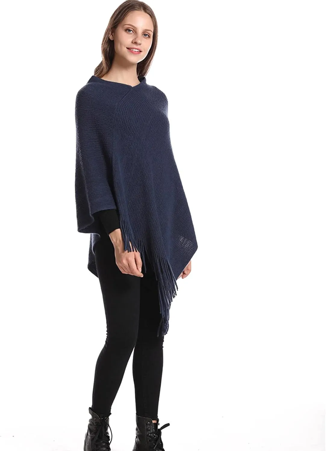 Womens Poncho Sweater V Neck Knitted Pullover Shawls Wraps Capes with Fringes Gifts for Women Mom