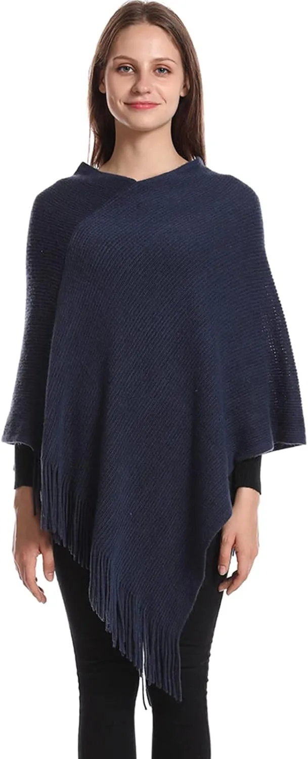 Womens Poncho Sweater V Neck Knitted Pullover Shawls Wraps Capes with Fringes Gifts for Women Mom