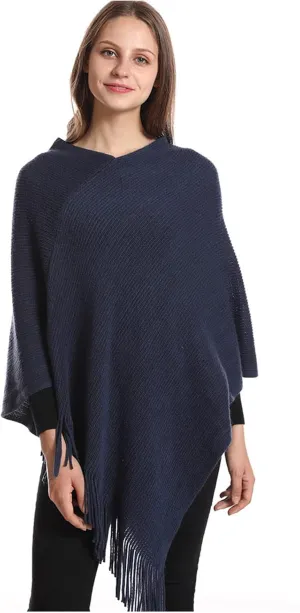 Womens Poncho Sweater V Neck Knitted Pullover Shawls Wraps Capes with Fringes Gifts for Women Mom