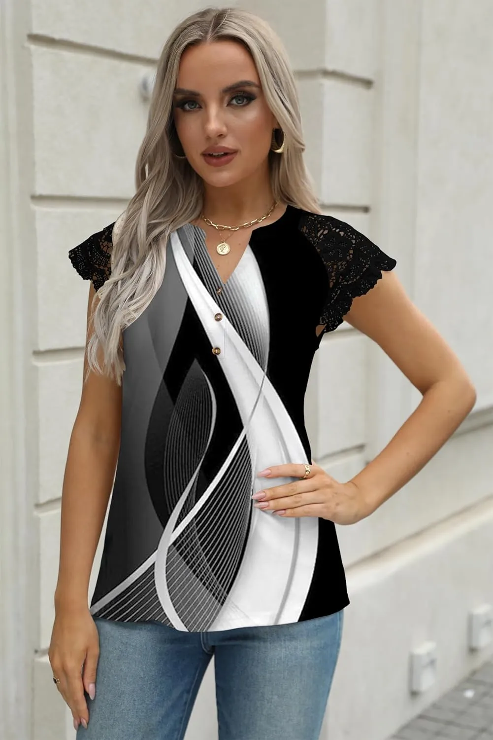Women's Tank Tops Lace Cap Sleeve Button Down V Neck Summer Casual Loose Fit 2025 Trendy Cute Sleeveless Shirts Blouse