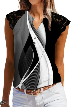 Women's Tank Tops Lace Cap Sleeve Button Down V Neck Summer Casual Loose Fit 2025 Trendy Cute Sleeveless Shirts Blouse