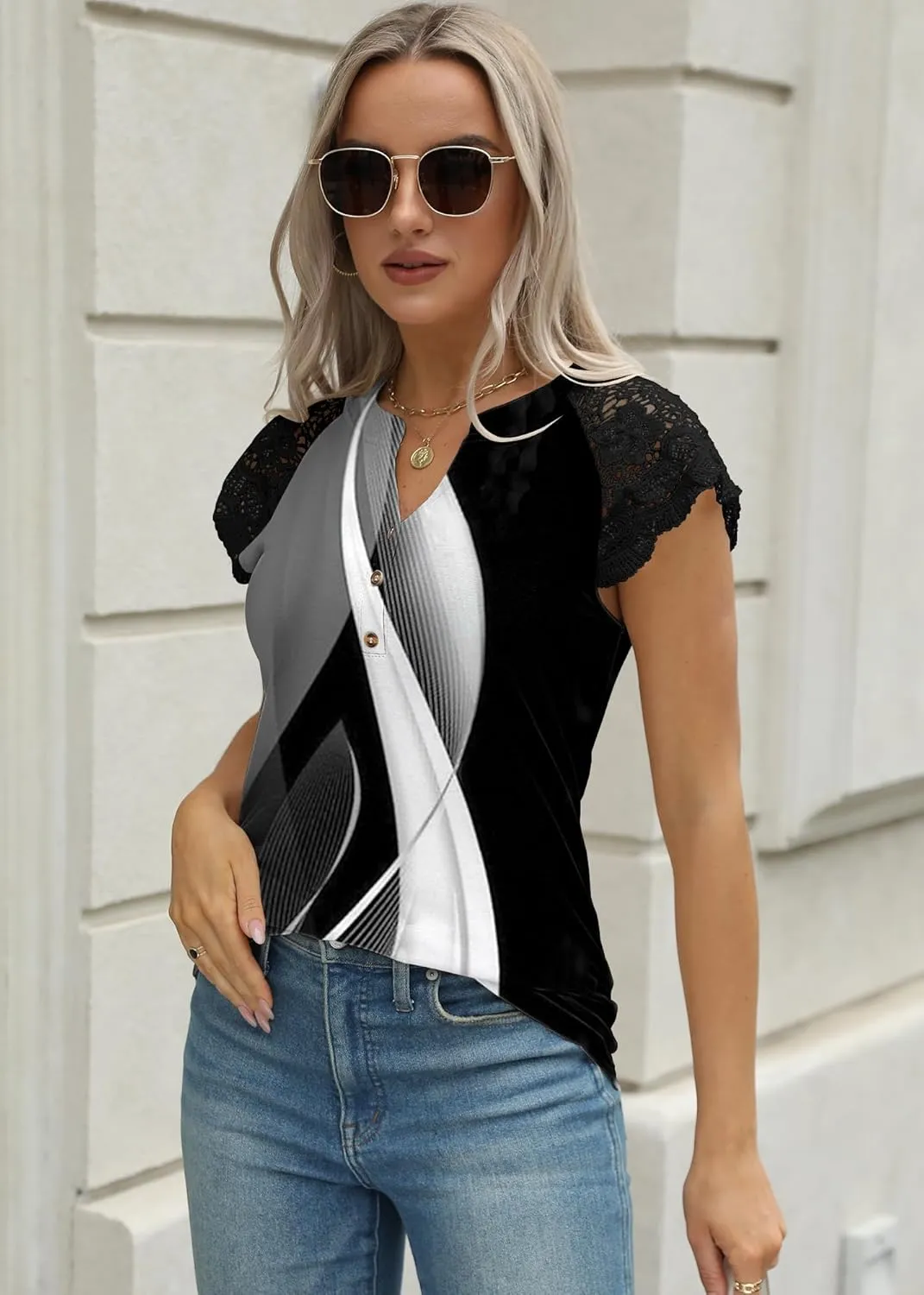Women's Tank Tops Lace Cap Sleeve Button Down V Neck Summer Casual Loose Fit 2025 Trendy Cute Sleeveless Shirts Blouse