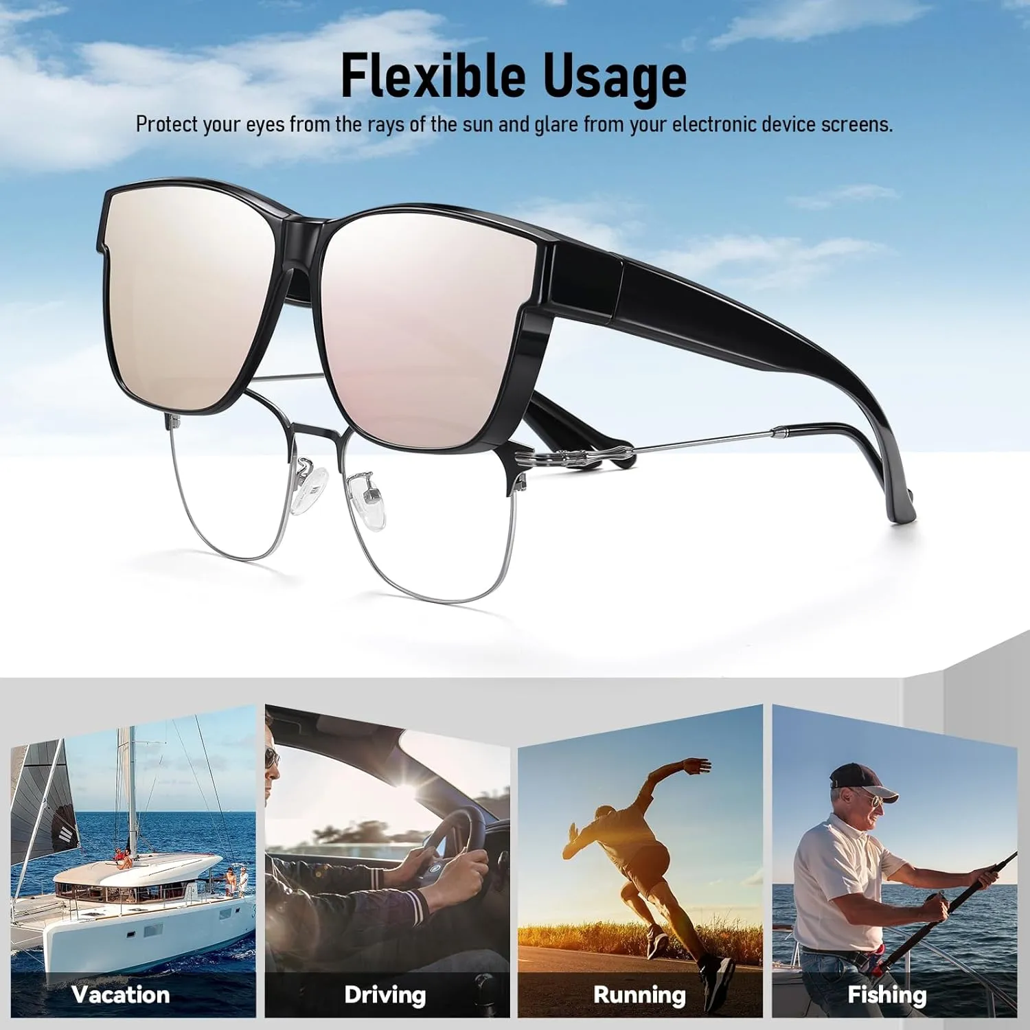 Wzerry Polarized Fit Over Glasses Sunglasses, Wear Over Sunglasses Wrap Around Shades for Men Women UV400 Pretection